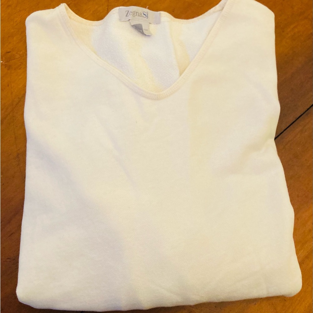 Zegna Sport snowy cream pullover cotton sweatshirt, minor stains on front & arms